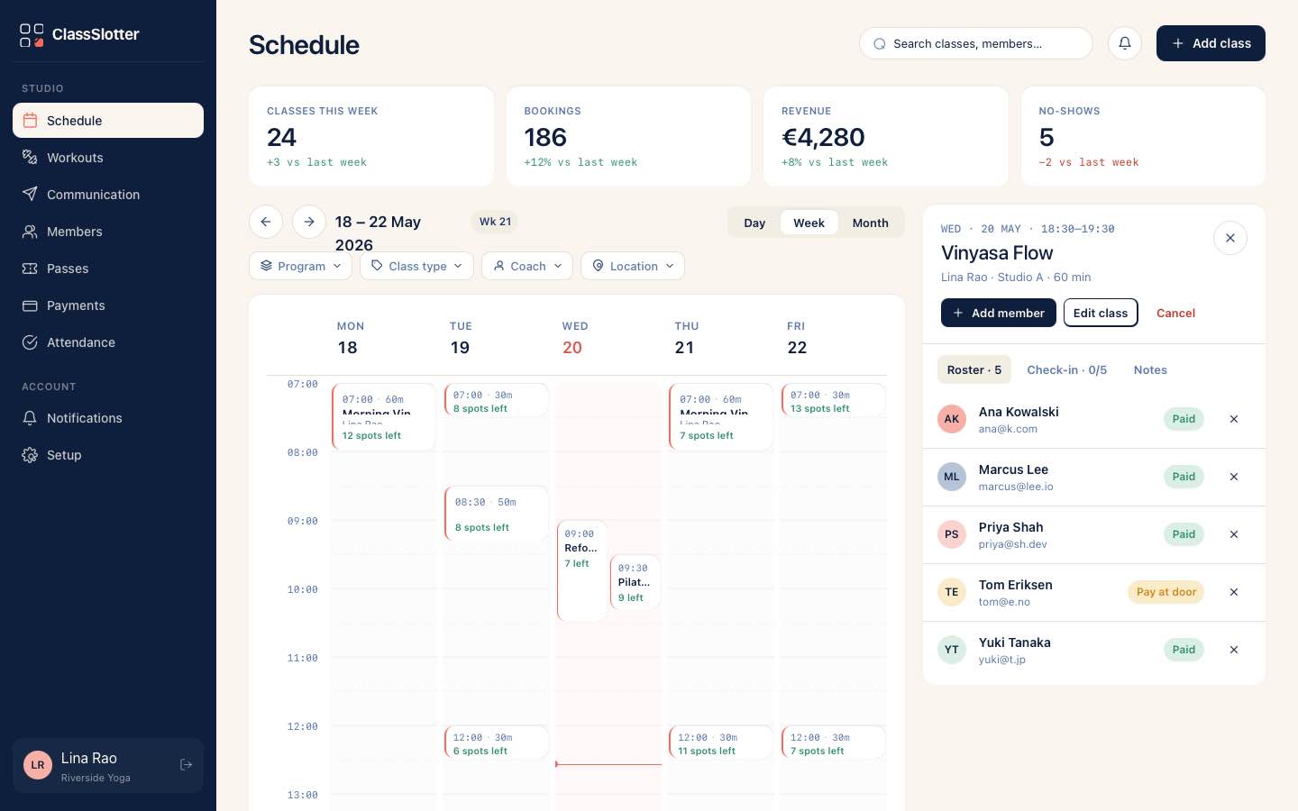 ClassSlotter studio dashboard — weekly schedule with revenue stats and a class roster panel